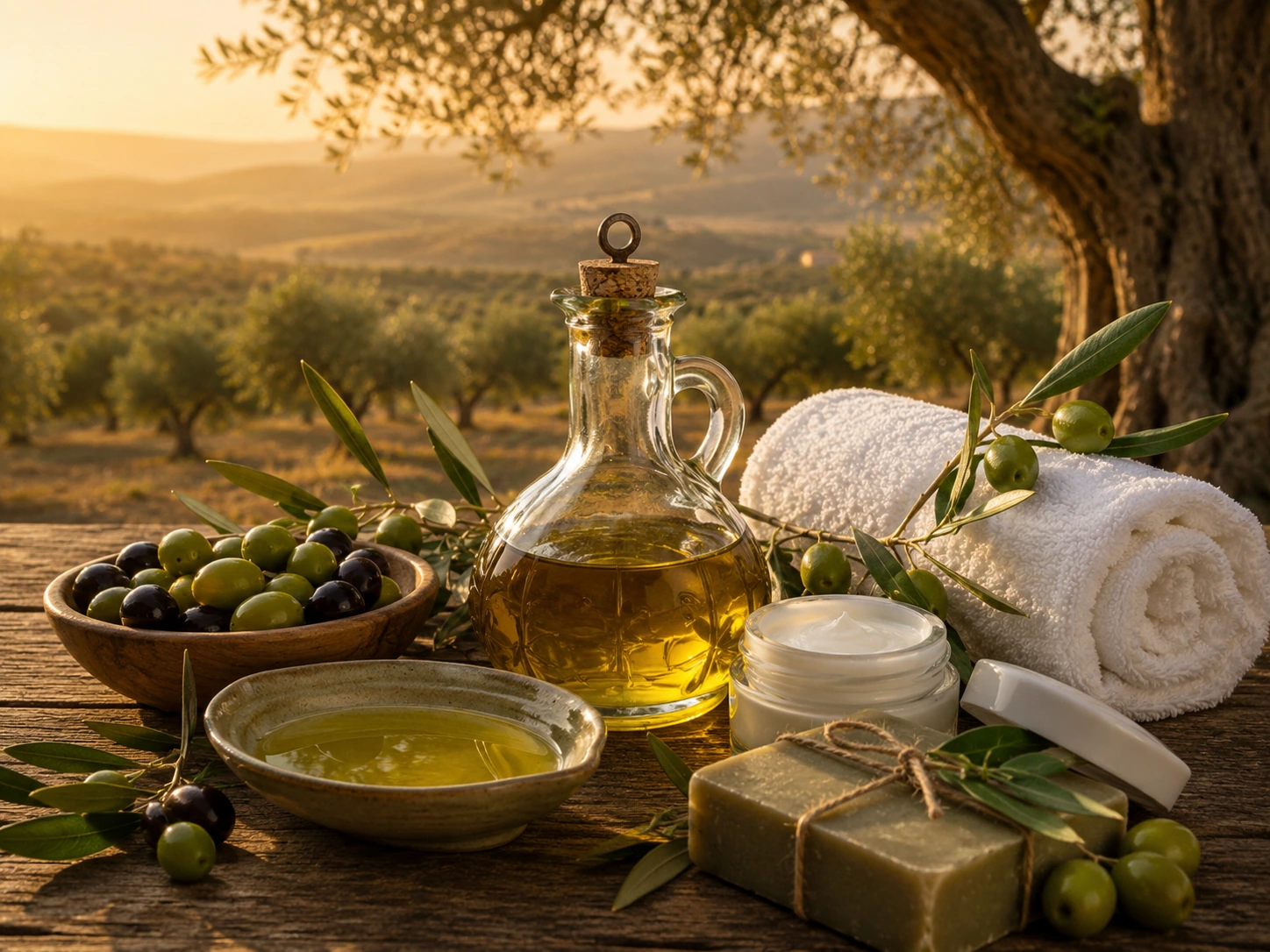 Aceite de oliva, aceitunas y elementos de Olivoterapia